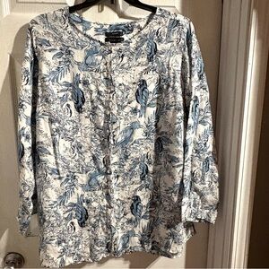 Tahari 100% Linen Blouse Sz 2X White Blue Floral Birds Button Down Long Sleeve‎